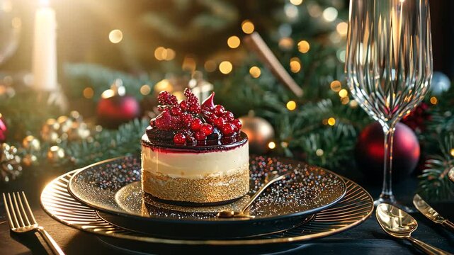 Christmas Cheesecake with Red Berries and Lights