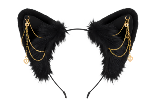 Black Cat Ear Headband with Gold Chains isolated on transparent background