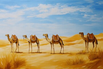 Camels moving through a serene desert landscape - specific vegetation, sands, blue sky. Advertising for travel agencies and desert travel.