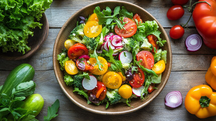Top-down view of a vibrant plant-based meal with fresh organic vegetables, artfully arranged on a rustic wooden table. Perfect for healthy eating, vegan lifestyle. Generative AI.