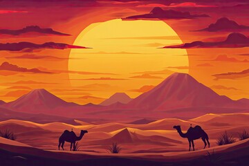 Middle Eastern desert oasis with two camels against the background of a beautiful sunset. Advertising for travel agencies and desert travel.