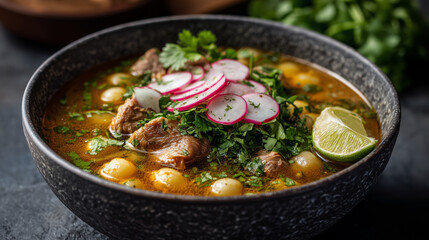 traditional Mexican pozole soup, golden broth with pork, large hominy grains, vibrant garnish of thin radish slices and cilantro, lime wedge on the side