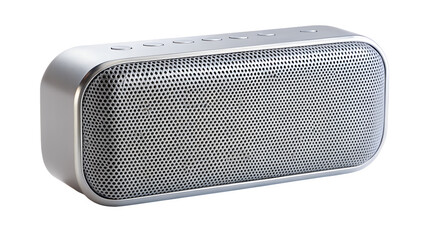 A modern silver portable bluetooth speaker, isolated on transparent background