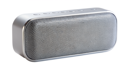 A modern silver portable bluetooth speaker, isolated on transparent background