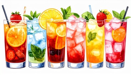 A collection of colorful summer beverages in various glasses: mojito, strawberry smoothie, iced tea, and orange soda, watercolor style