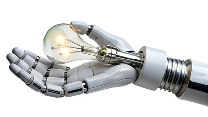 A robotic hand gently holds a glowing lightbulb, symbolizing innovation and new ideas, isolated on transparent background