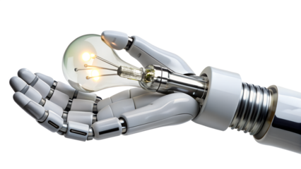 A robotic hand gently holds a glowing lightbulb, symbolizing innovation and new ideas, isolated on transparent background