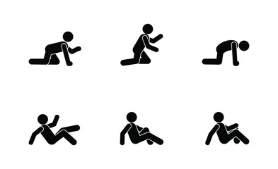 Set of black stick figures in various poses - on all fours, kneeling and sitting on floor. Simple vector silhouettes on white background. Perfect for fitness guides, yoga tutorials and activity illust