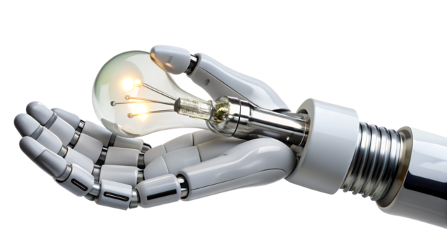 A robotic hand gently holds a glowing lightbulb, symbolizing innovation and new ideas, isolated on transparent background