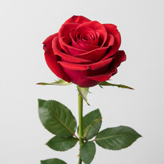 A single red rose, a symbol of love and beauty, isolated on a white background with delicate green leaves and soft petals, embodies romance and nature's blossom