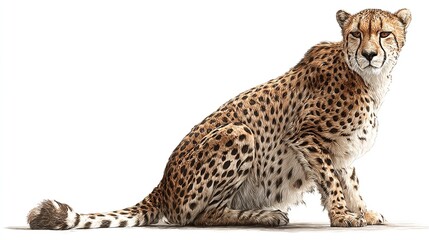 A cheetah sits facing forward against a white background, its tawny coat spotted with black, displaying a powerful yet graceful posture. Its tail extends to the left