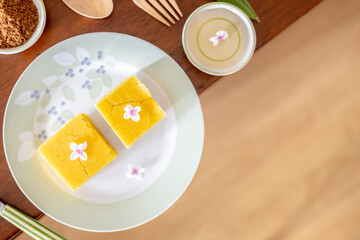 A close-up of Sweet mung bean paste on the wooden table.