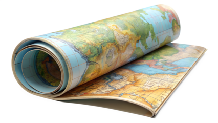 A vintage world map is rolled up, showing continents and oceans
