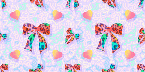 Modern seamless design with vibrant leopard print bows, pastel gradients, abstract lines and cute hearts. Great for lifestyle products, packaging, kids decor and digital use.