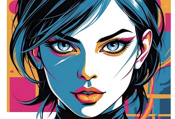 Naklejka premium Glamorous fashion illustration of a woman's face with beautiful eyes, lips, and flowing black hair, rendered in a striking cartoon vector art style