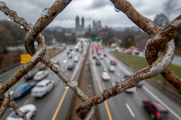 Traffic Viewed Through Rusty Chain Link Fence on Overcast Day. Mock up promotion information for marketing announcements and details, blank white space