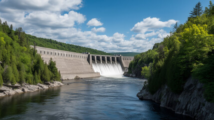 Obraz premium Grand Hydroelectric Dam Amidst Lush Green Forests and a Flowing River
