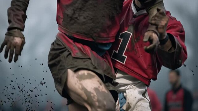 Intense Rugby Match Scene with Players on Muddy Field Displaying Determination and Team Spirit