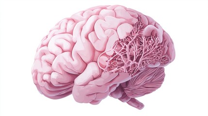 Detailed anatomical illustration of a human brain with exposed capillaries