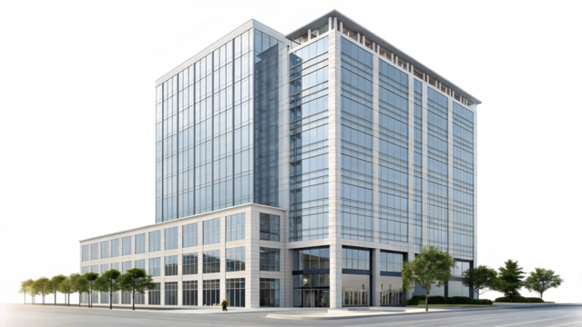 Modern office Building isolated on transparent background with glass facade
