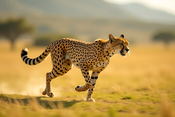 Fast Cheetah Running on Open Savannah with Trees in Background

