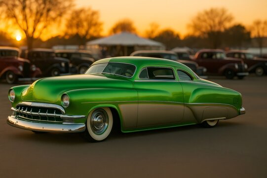 Customized classic car gleaming under the setting sun