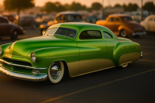 Customized Mercury Eight coupe gleaming under the sunset light