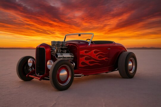 Red hot rod with flames parked on Bonneville Salt Flats at sunset