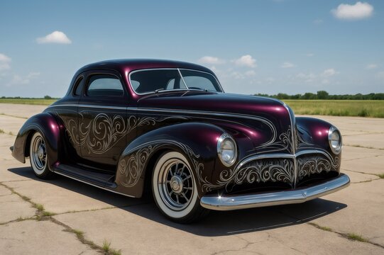 Customized vintage car with pinstriping parked on airfield