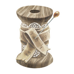 Wooden Spool and pin. Watercolor illustration of wooden spool with lace and centimeter around. For haberdashery, master classes, sewing blog or website design. Printing stickers or postcards.