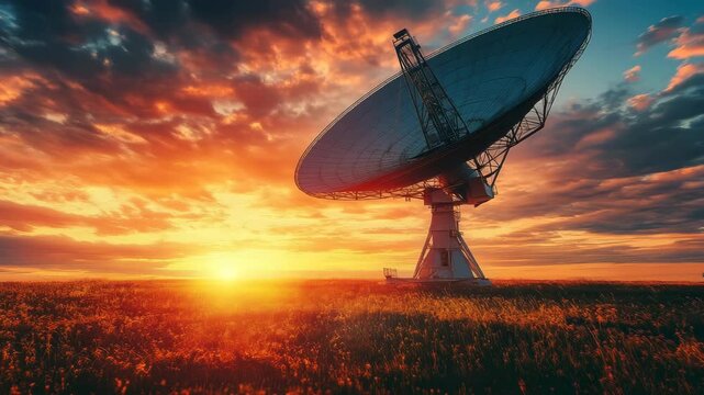 Large Radio Telescope Dish at Sunset