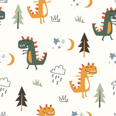 Cute Hand Drawn Cartoon Dinosaur Seamless Pattern – Vector Illustration Background with Clouds, Grass, and Trees. Childish and Playful Style for Kids Fabric or Nursery Decor, Textile, Clothing