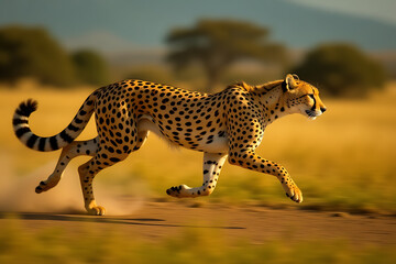 Fast Cheetah Running Through African Savannah with Trees

