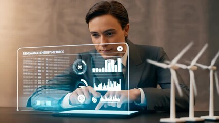 Businessman examining renewable energy metrics on holographic display models of wind turbines - Powered by Adobe