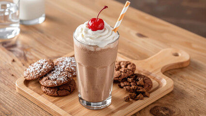 Chocolate Milkshake with Whipped Cream and Cherry on Wooden Tray