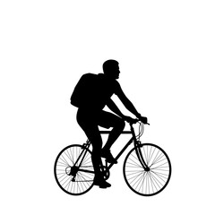 Naklejka premium Silhouette of a man riding a bicycle with a backpack. Vector illustration in black for cycling, delivery, outdoor activity, or eco transportation concepts. Isolated on white