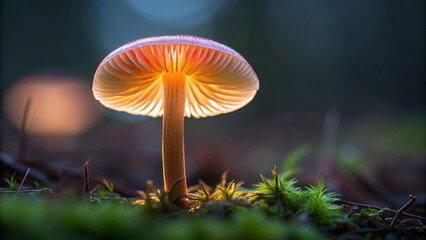 Psilocybin concept ,Glowing mushroom with delicate gills and stem in dark forest setting with green moss and soft light