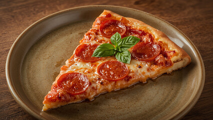 Oily Pepperoni Pizza Slice on Rustic Ceramic Plate