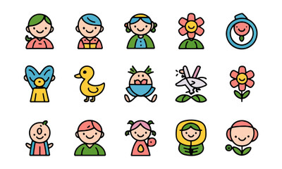 Fototapeta premium A fun set of cartoon people icons, featuring funny children and baby animal characters with a joyful, comic holiday spirit