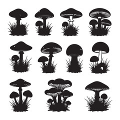 Various black mushroom silhouettes with grass fungi nature