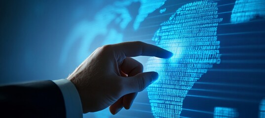 Businessman touching a digital icon of a global network and data transfer on a screen, with a blue background and business graph chart icons in motion blur for a technology concept