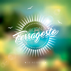 Buon Ferragosto Italy Summer Festival Design with Typography Lettering on Blurred Ocean Landscape Background. Vector Midsummer Italian Language Illustration with Summer Holiday Elements for Banner