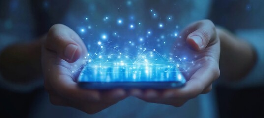 Businessman touching a digital icon of a global network and data transfer on a screen, with a blue background and business graph chart icons in motion blur for a technology concept