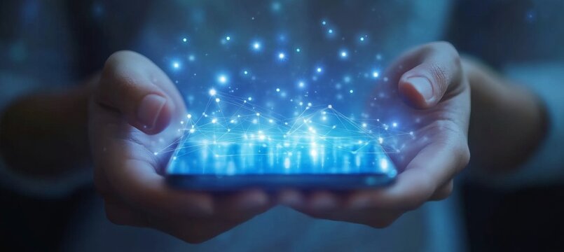 Businessman touching a digital icon of a global network and data transfer on a screen, with a blue background and business graph chart icons in motion blur for a technology concept