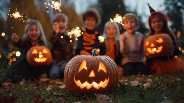 Group of children celebrating Halloween with carved pumpkins and sparklers outdoors
