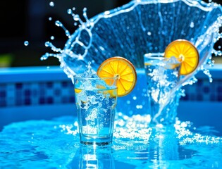 Refreshing Orange Water with Umbrella and Droplets Background