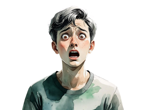 A striking watercolor illustration capturing the intense emotion of a young person caught in a moment of pure shock or fear. A Jolt of Reality: Wide-Eyed Shock and Raw Emotion in a Moment of Surprise