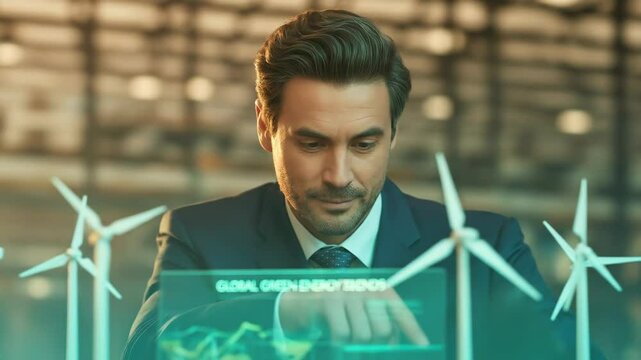 Focused businessman examining holographic wind turbine data display in modern office environment - Powered by Adobe