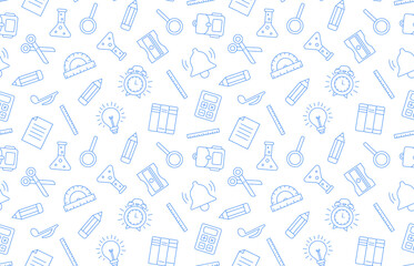 School supplies seamless pattern on a transparent background. Back to school linear icons endless background. Repeating pattern for printing