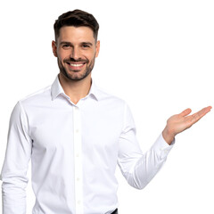 A smiling man with his hand outstretched. This image is ideal for a variety of marketing and promotional materials, business presentations, or website design